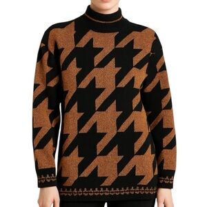 Vintage 80s Lurex Knit Copper Houndstooth Mockneck Abstract Sweater